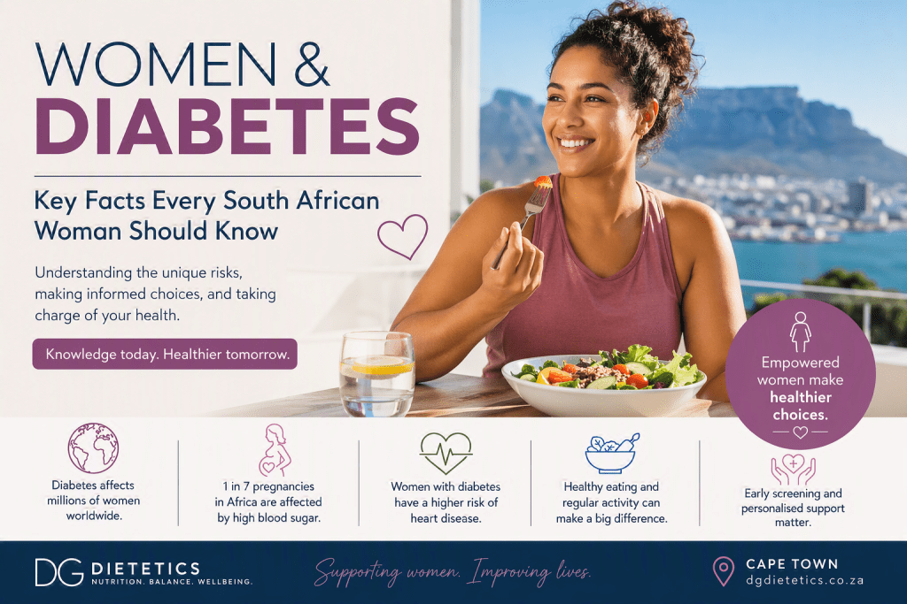 The design shows a person seated outdoors at a table with a bowl of fresh salad and a glass of water, with a scenic coastal city and mountain backdrop resembling Cape Town. The left side of the image features large headline text and supporting copy about understanding risks and making informed health choices. Along the bottom are illustrated icons with key messages, including global diabetes impact, pregnancy-related risks, heart health, healthy eating and activity, and the importance of early screening. Branding for DG Dietetics appears at the bottom with a tagline about supporting women’s health